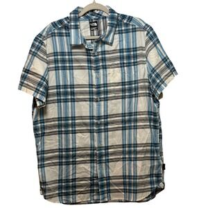 The North Face Mens Plaid Short Sleeve Button Up Shirt Blue White XL
